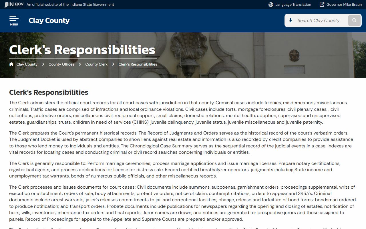 Clay County Clerk responsibilities records duties