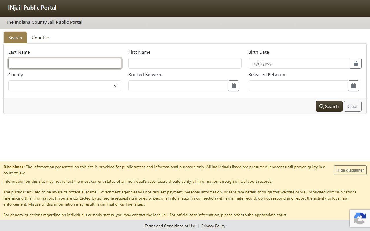 Clay County inmate search through Indiana county jail public portal