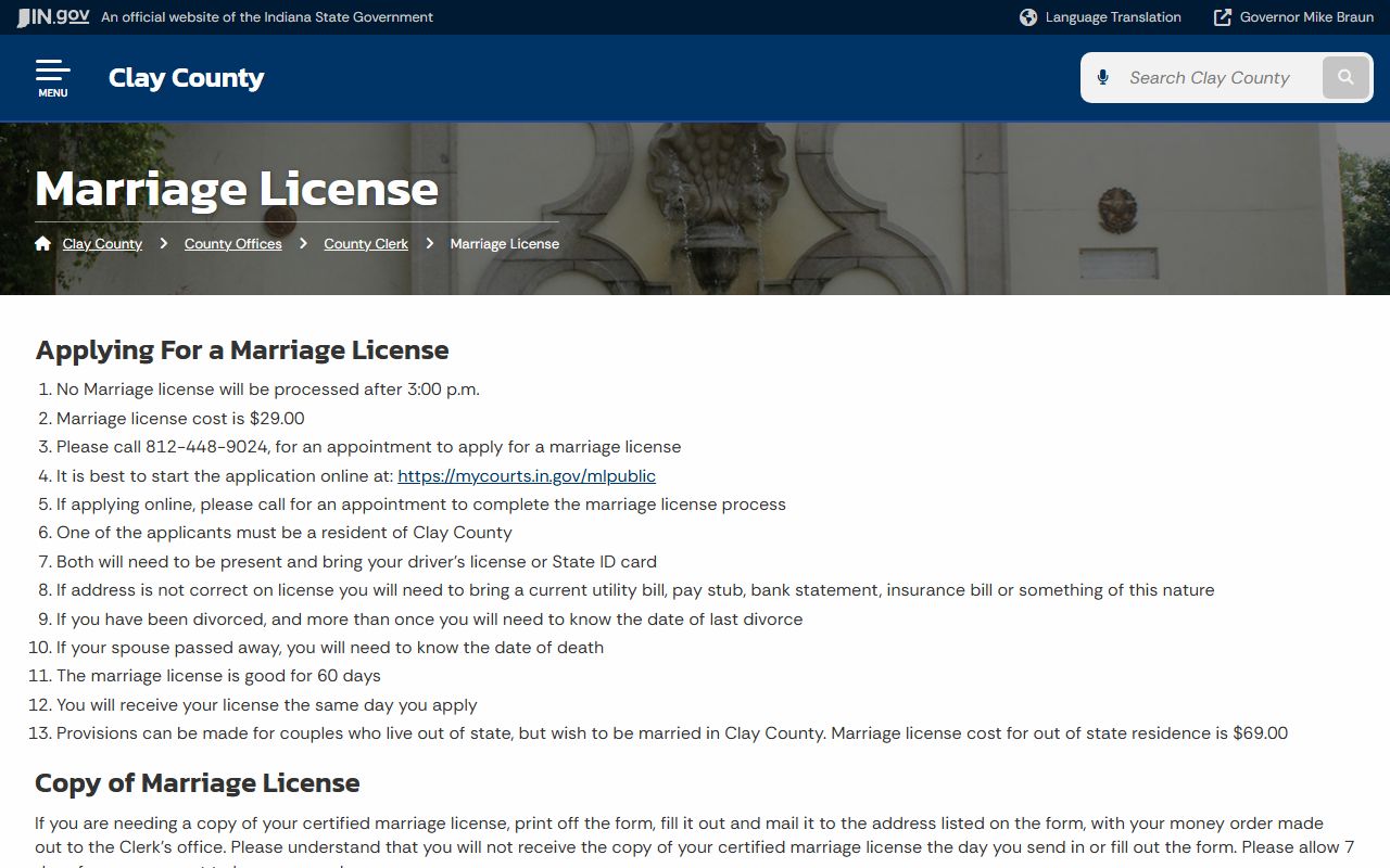 Clay County marriage records license instructions